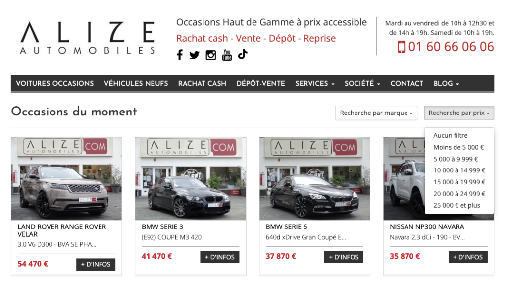 Le site web Alizé Automobiles vous propose une recherche  par  gamme de prix pour être certains de vous présenter immédiatement les voitures pertinentes  avec votre budget. 